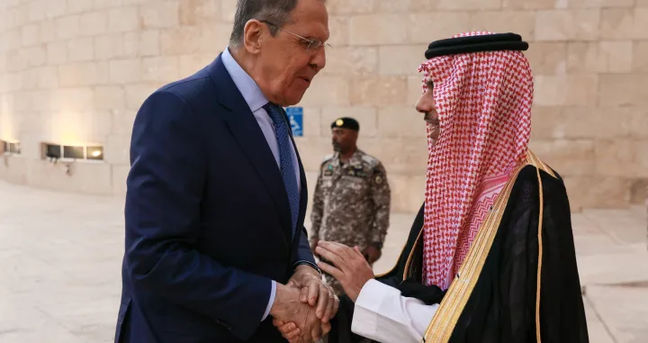 epa09988228 A handout photo made available by the press service of the Russian Foreign Affairs Ministry shows Russian Foreign Minister Sergei Lavrov (L) and Saudi Arabia's Minister of Foreign Affairs Prince Faisal bin Farhan Al Saud (R) shaking hands during their meeting in Riyadh, Saudi Arabia, 31 May 2022. Russian Foreign Minister is on a working visit to Saudi Arabia. EPA/RUSSIAN FOREIGN AFFAIRS MINISTRY/HANDOUT MANDATORY CREDIT HANDOUT EDITORIAL USE ONLY/NO SALES/Russian Foreign Affairs Ministry/Handout