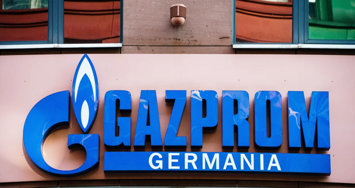 epa09794144 The Logo of Gasprom pictured at the Germany headquarters in Berlin, Germany, 01 March 2022. Since the early morning hours of 24 February 2022, the territory of Ukraine is under attack of Russia. Russian troops entered Ukraine on 24 February prompting the country's president to declare martial law and triggering a series of announcements by Western countries to impose severe economic sanctions on Russia. Gazprom is a Russian energy company. The Russian state possesses more than 50 percent of shares in the company. EPA/CLEMENS BILAN/Clemens Bilan