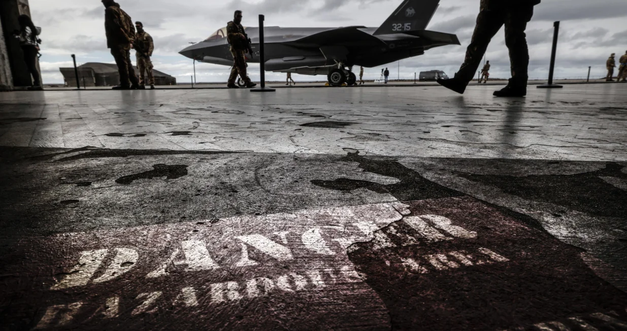 epa10036149 Italian Air Force multirole combat aircraft F-35 during defense operation Air Policing Northern Lightning III led by NATO in Keflavik Air Base, Iceland, 26 June 2022 (issued 27 June 2022). For the seventh time the Italian flag was hoisted at the Keflavik air base, where 4 F-35A aircraft of the 32nd Wing of the Italian Air Force parteciped in the operation Air Policing Northern Lightning III. The objective of the mission is to preserve the integrity of NATO's airspace in peacetime by strengthening the surveillance of the skies of Iceland, which does not have its own air defense capabilities, and conducting, in the meantime, joint training activities with the Icelandic Coast Guard and with NATO assets possibly redeployed on the Icelandic grounds. EPA/GIUSEPPE LAMI/Giuseppe Lami