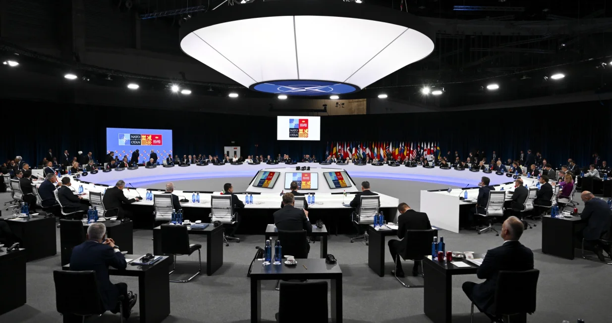 epa10041500 A general view of the North Atlantic Council meeting at the NATO Leaders' Summit in Madrid, Spain, 29 June 2022. Australian Prime Minister Anthony Albanese joined leaders of Japan, South Korea, and New Zealand for a Nato Leaders' Summit in Spain, before flying to France in a bid to repair the relationship with French President Emmanuel Macron. EPA/LUKAS COCH NO ARCHIVING AUSTRALIA AND NEW ZEALAND OUT/Lukas Coch