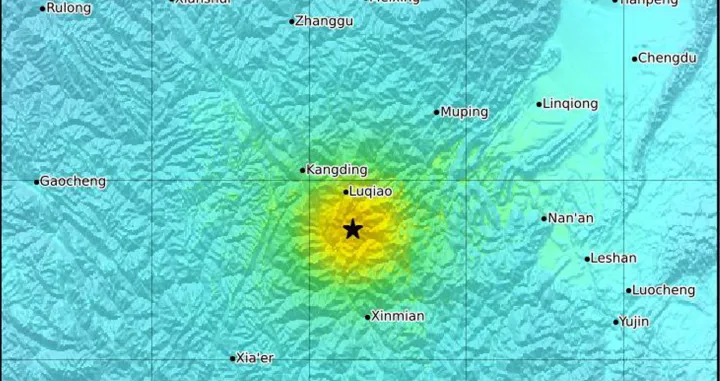epa10160662 A handout shakemap made available by the United States Geological Survey (USGS) shows the location of a 6.6-magnitude earthquake hitting Ludin County, Sichuan Province, China, 05 September 2022. The epicenter of the earthquake was recorded 43 kilometres southeast from Kangding at a depth of 10 kilometres, the USGS said. There were no immediate reports of damage or fatalities. EPA/USGS HANDOUT HANDOUT EDITORIAL USE ONLY/NO SALES/Usgs Handout
