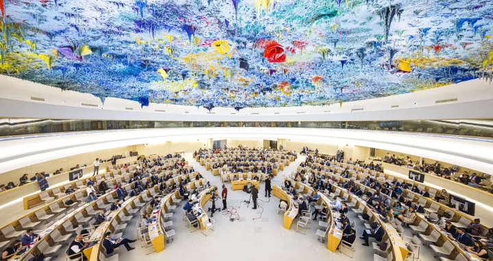 epa10010510 Delegates attend the opening day of the 50th session of the Human Rights Council at the European headquarters of the United Nations in Geneva, Switzerland, 13 June 2022. EPA/VALENTIN FLAURAUD/Valentin Flauraud