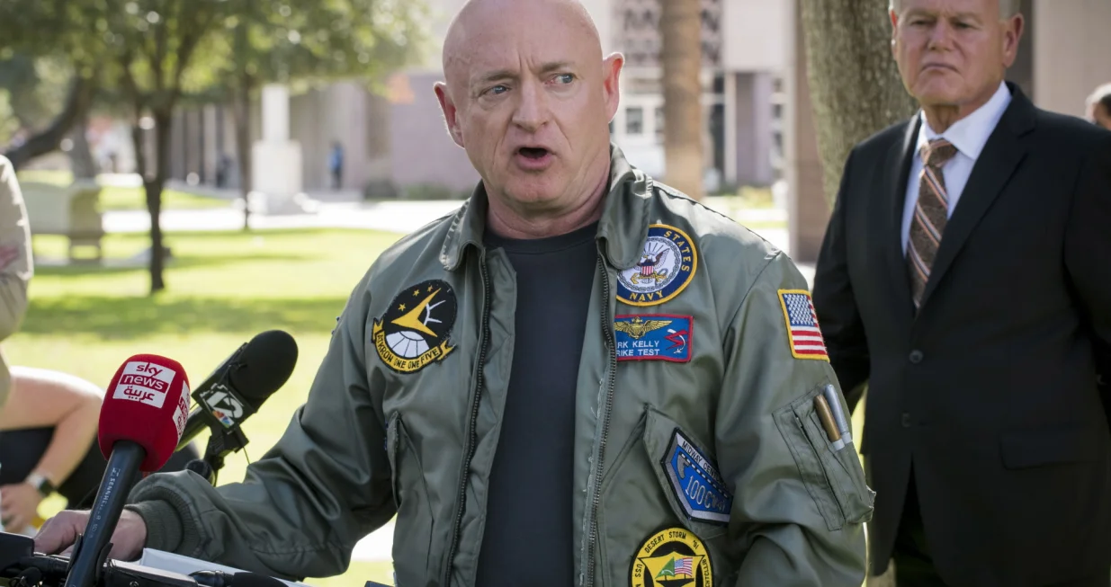 epa10292929 Democratic Senator Mark Kelly, speaks after receiving an endorsement from a prominent group of Arizona Republican leaders, in front of the Arizona State Capital, in Phoenix, Arizona, 07 November 2022. Kelly is in a close race with Republican Blake Masters who is supported by Donald Trump. <br>The US midterm elections are held every four years at the midpoint of each presidential term and this year include elections for all 435 seats in the House of Representatives, 35 of the 100 seats in the Senate and 36 of the 50 state governors as well as numerous other local seats and ballot issues. EPA/Rick D'Elia/Rick D'elia