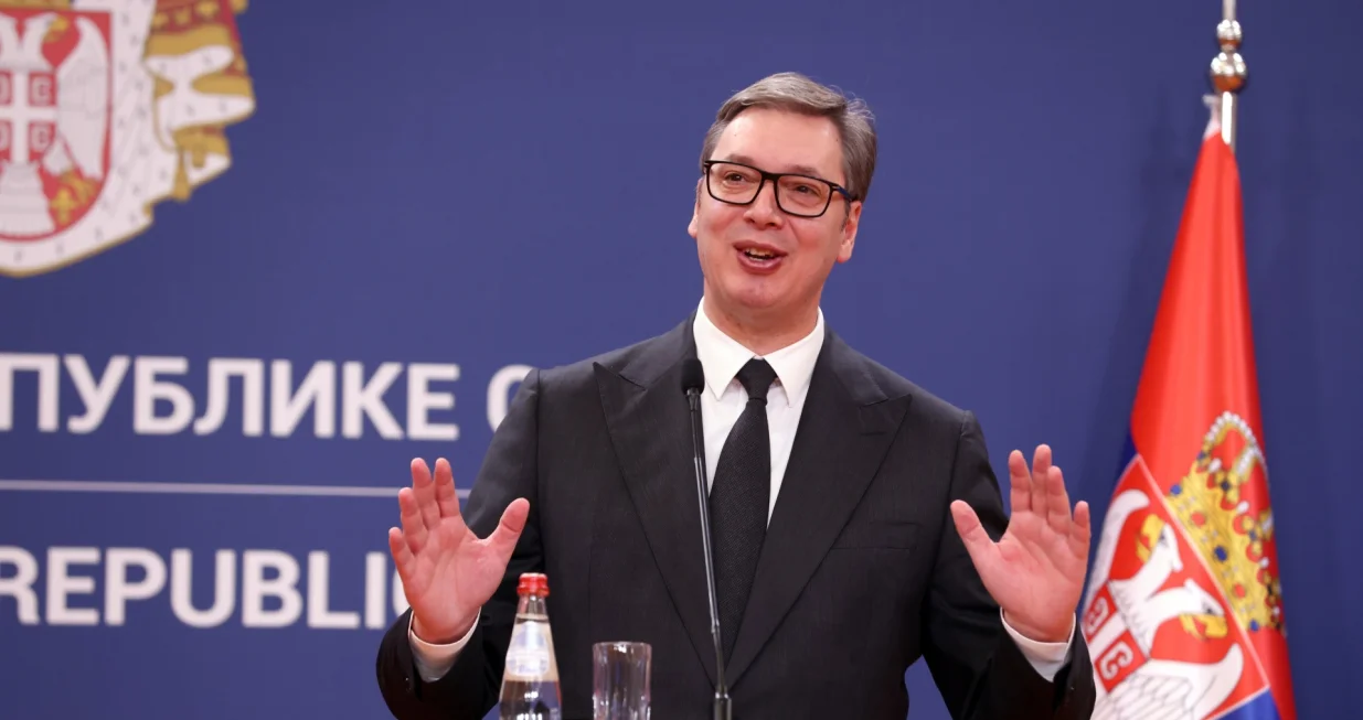 epa10322260 Serbian President Aleksandar Vucic and President of Azerbaijan Ilham Aliyev (not pictured) address the media after their meeting in Belgrade, Serbia, 23 November 2022. President Aliyev is on an official visit to Serbia. EPA/ANDREJ CUKIC/Andrej Cukic