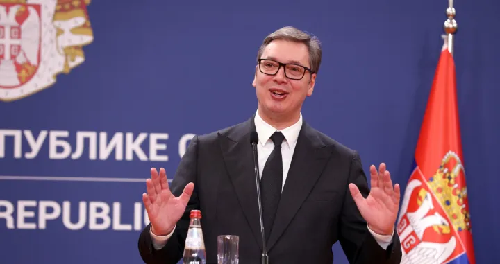 epa10322260 Serbian President Aleksandar Vucic and President of Azerbaijan Ilham Aliyev (not pictured) address the media after their meeting in Belgrade, Serbia, 23 November 2022. President Aliyev is on an official visit to Serbia. EPA/ANDREJ CUKIC/Andrej Cukic