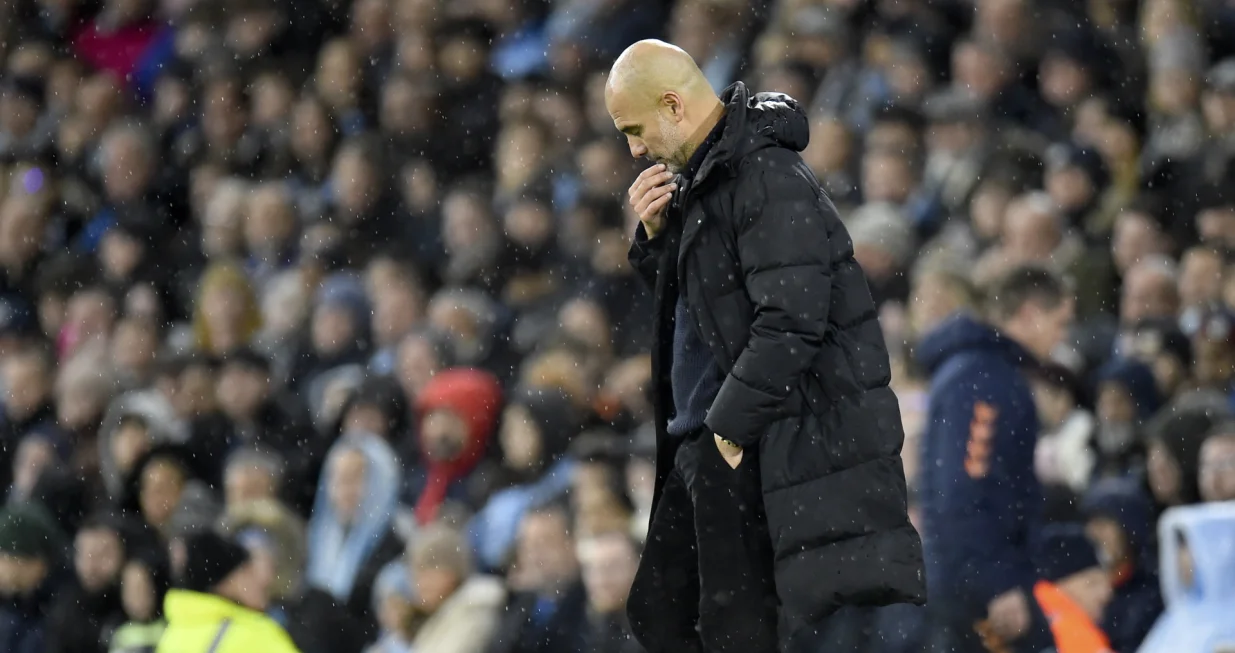 epa10384094 Manchester City manager Pep Guardiola reacts during the English Premier League soccer match between Manchester City and Everton in Manchester, Britain, 31 December 2022. EPA/Peter Powell EDITORIAL USE ONLY. No use with unauthorized audio, video, data, fixture lists, club/league logos or 'live' services. Online in-match use limited to 120 images, no video emulation. No use in betting, games or single club/league/player publications