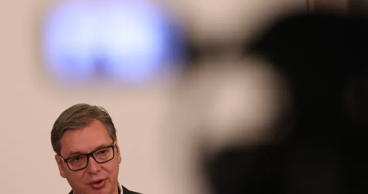 epa10146704 Serbian President Aleksandar Vucic talks during a press conference in Belgrade, Serbia, 30 August 2022. President Vucic repeated that Serbia's capital Belgrade will not host the Pride march scheduled for 17 September 2022, citing threats from right-wing extremist groups, fears of clashes and the situation with Kosovo. EPA/ANDREJ CUKIC/Andrej Cukic