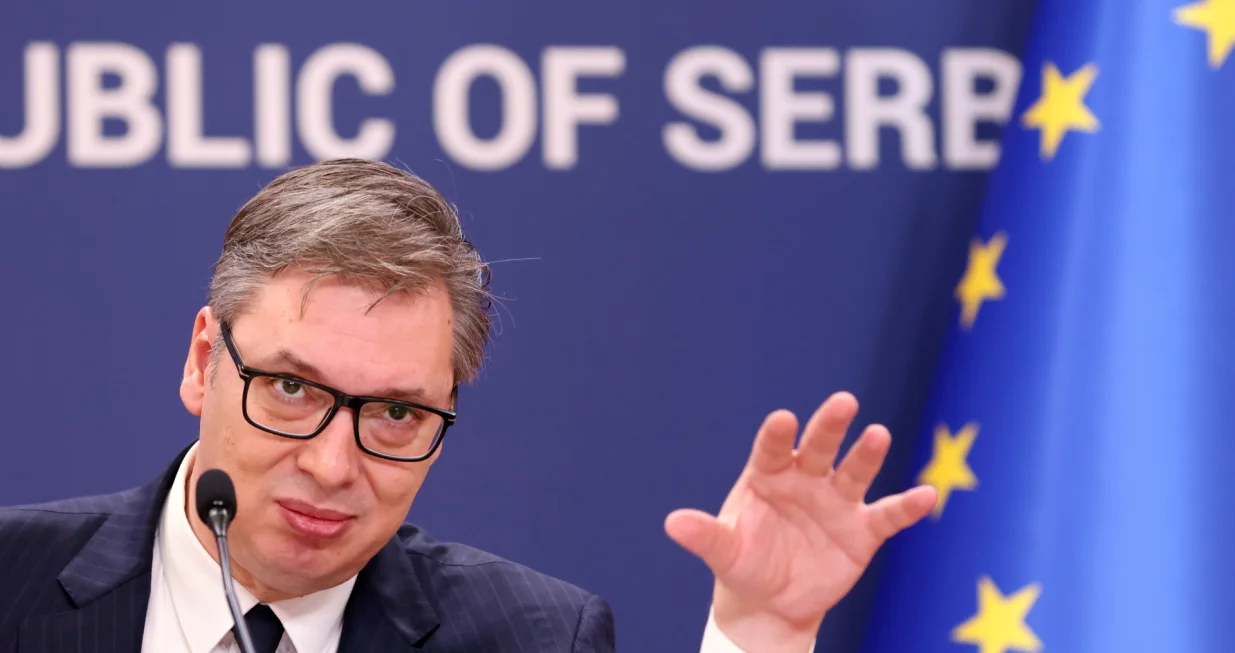 epa10389464 Serbian President Aleksandar Vucic talks during the New Years press conference in Belgrade, Serbia, 04 January 2023. President Vucic held the annual press conference to present yearly results and outline plans for 2023. EPA/ANDREJ CUKIC/Andrej Cukic