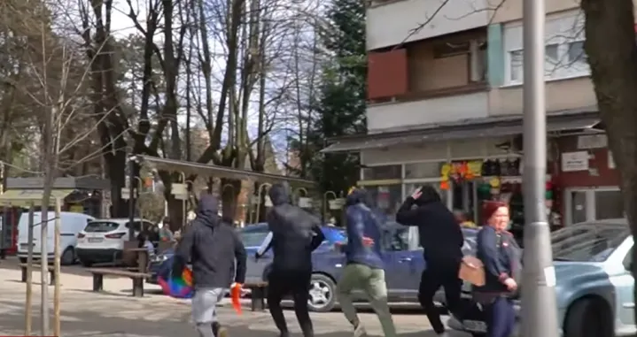 huligani osmomartovski mar&scaron; zastava lgbt<br>screenshot/