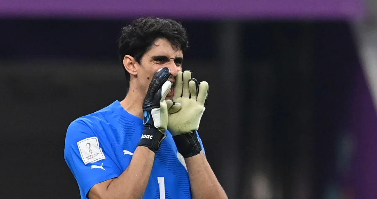 epa10365937 Goalkeeper Yassine Bounou of Morocco reacts during the FIFA World Cup 2022 semi final between France and Morocco at Al Bayt Stadium in Al Khor, Qatar, 14 December 2022. EPA/Georgi Licovski