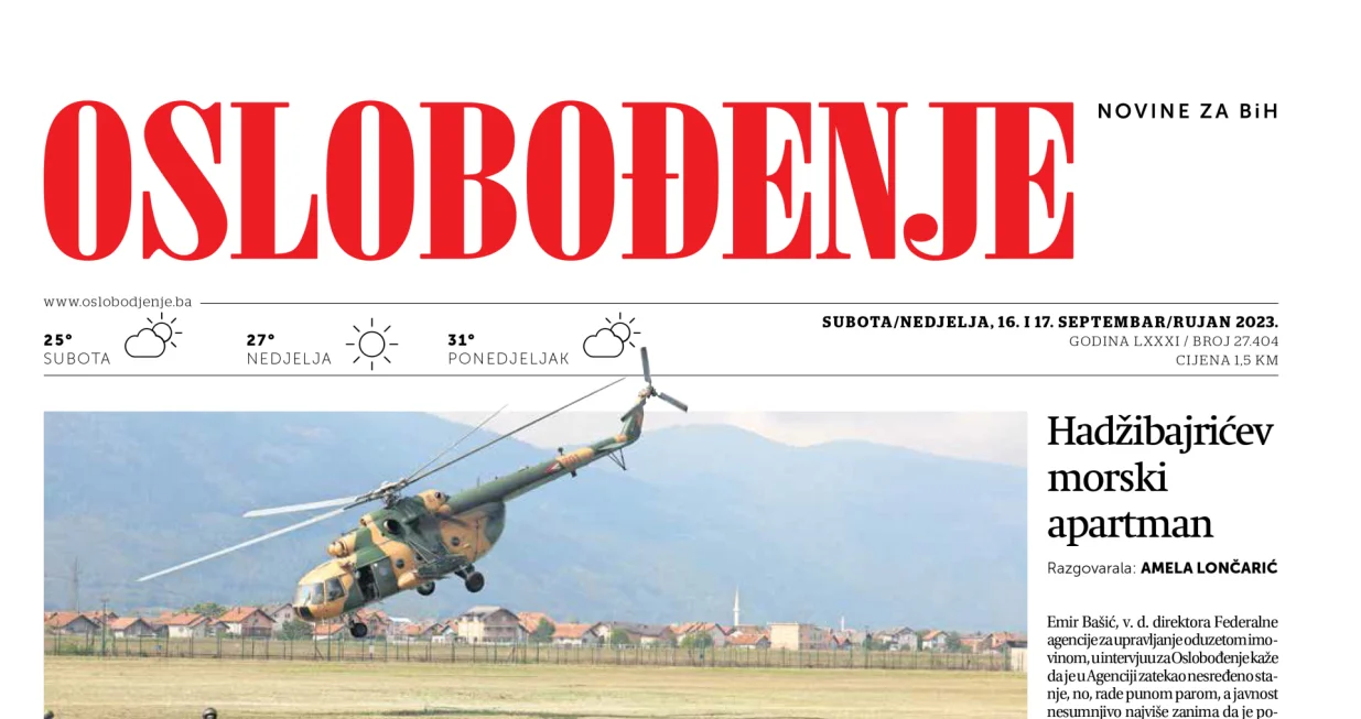 Naslovnica Oslobođenja za 16. i 17. septembar 2023. godinu/