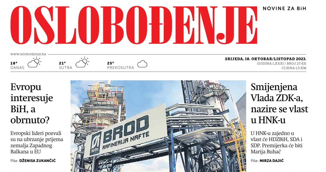 Naslovnica Oslobođenja za 18. oktobar/listopad 2023. godine/