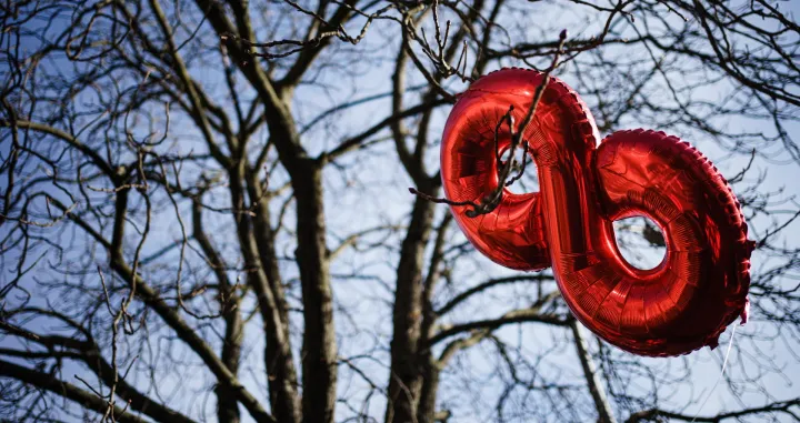 epa10293716 An air balloon in the shape of the number 'eight' hangs between branches of a tree during a warning strike week in the metal and electrical industry in Berlin, Germany, 08 November 2022. German trade Union IG Metall announced a warning strike rally with 1,200 participants in front of Siemens AG, Berlin/Brandenburg branch. EPA/CLEMENS BILAN/Clemens Bilan