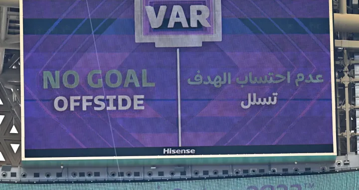 epa10319870 An offside decision by the video assistant referee (VAR) system is announced on a huge screen during the FIFA World Cup 2022 group C soccer match between Argentina and Saudi Arabia at Lusail Stadium in Lusail, Qatar, 22 November 2022. EPA/Noushad Thekkayil