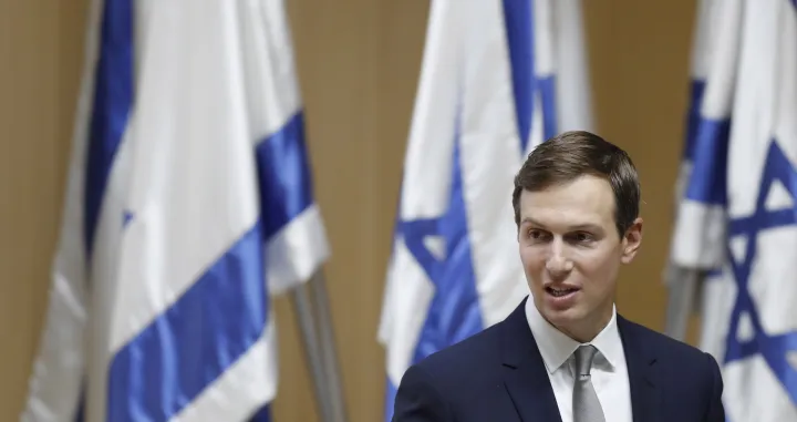 epa09518877 Jared Kushner, Chairman of the Abraham Accords Peace Institute, delivers a speech during the inaugural event of the Abraham Accords Caucus in the Knesset, in Jerusalem, 11 October 2021. EPA/ATEF SAFADI/Atef Safadi