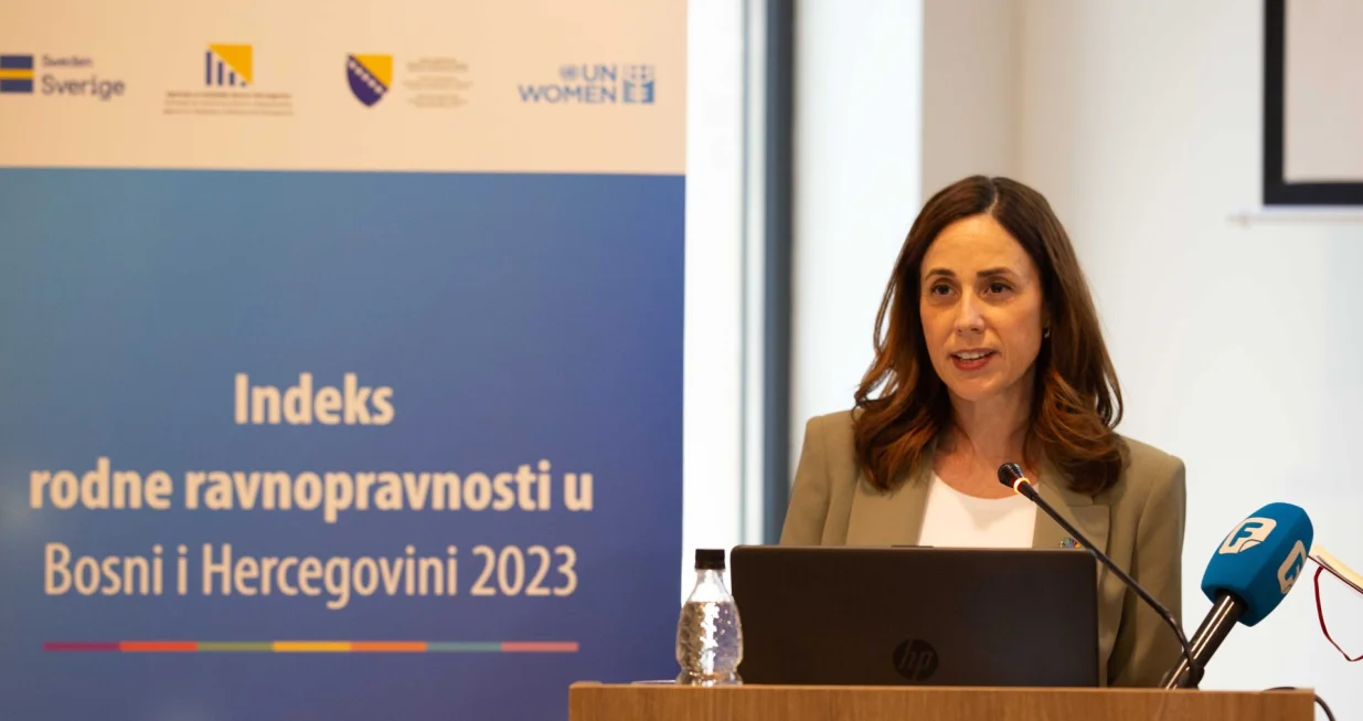 Jo-Anne Bishop, predstavnica UN Women u BiH; drugi izvještaj "Indeks rodne ravnopravnosti u Bosni i Hercegovini 2023", koji je razvio Evropski institut za rodnu ravnopravnost (EIGE) 2013. godine, predstavljen je danas u Sarajevu/Meliha Gojak