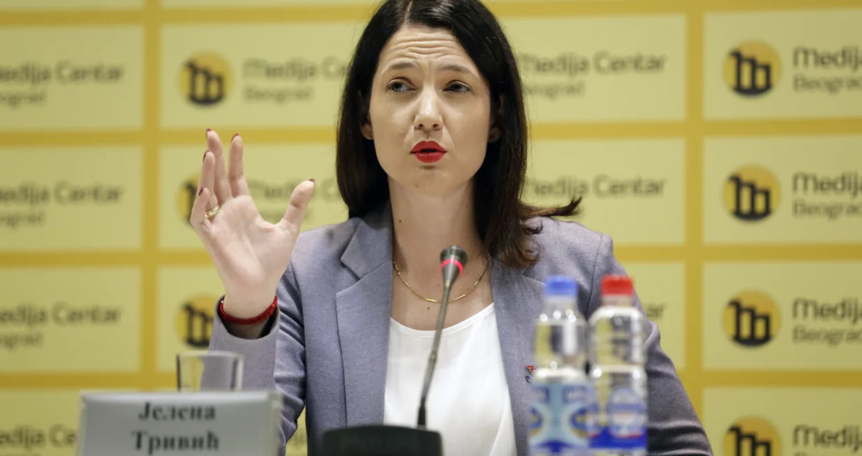 epa10236060 Jelena Trivic, a candidate for the President of Republika Srpska entity of Bosnia and Herzegovina, attends a press conference in Belgrade, Serbia, 11 October 2022. A coalition around Jelena Trivic has made a request for a recount and cancellation of election for the President of the Republic of Srpska. EPA/ANDREJ CUKIC/Andrej Cukic