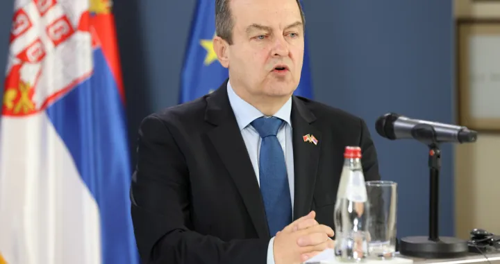 epa10365225 Serbia's Foreign Miniter Ivica Dacic and Portugal's Foreign Minister Joao Gomes Cravinho (not pictured) address the media after their meeting in Belgrade, Serbia, 14 December 2022. Portugal's Foreign Minister Joao Gomes Cravinho is on an official visit to Serbia. EPA/ANDREJ CUKIC/Andrej Cukic