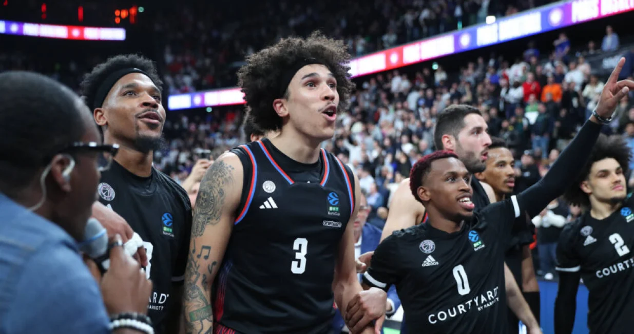 Tyson Ward of Paris Basketball and TJ Shorts II of Paris Basketball BASKET BALL: Paris Basketball vs JL Bourg en Bresse - BKT Eurocup - Finale - Match 1 - 09/04/2024 KevinDomas/Panoramic PUBLICATIONxNOTxINxFRAxBEL