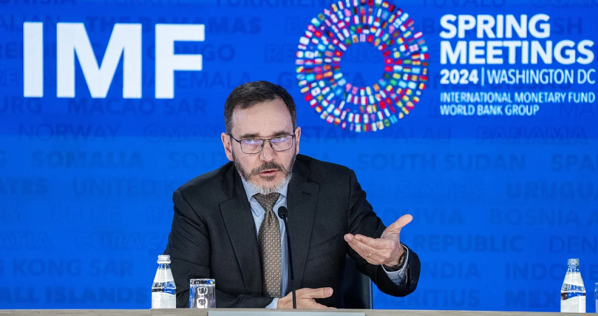 Pierre-Olivier Gourinchas, Chief Economist of the International Monetary Fund (IMF), speaks during a news conference about the IMF's World Economic Outlook report, during the IMF Spring Meetings, Tuesday, April 16, 2024, in Washington. (AP Photo/Jacquelyn Martin)/Jacquelyn Martin/cctv