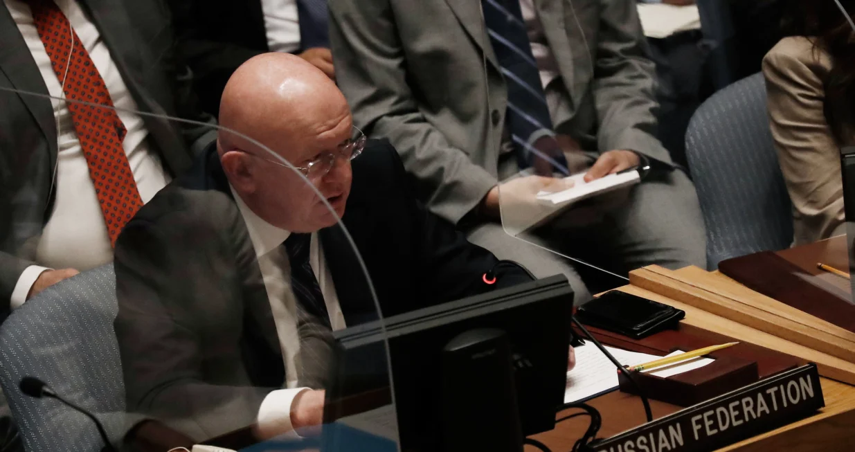 epa10136452 Russia's UN ambassador Vasily Nebenzya speaks at a United Nations Security Council meeting on the situation in Ukraine, at the United Nations headquarters in New York, New York, USA, 24 August 2022. EPA/PETER FOLEY/Peter Foley