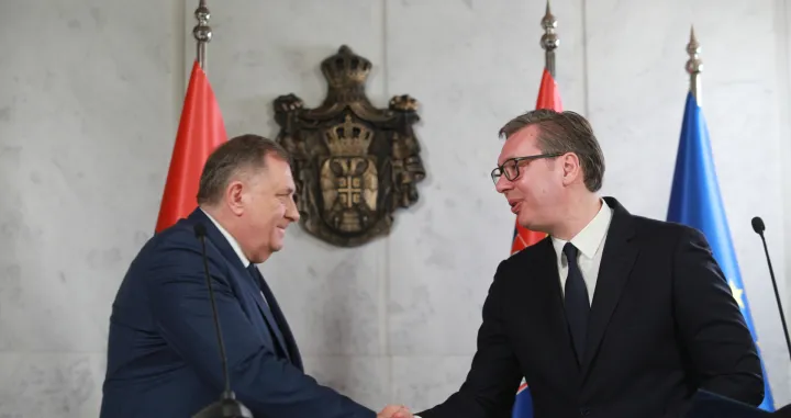 Beograd, Srbija - Predsednici Srbije Aleksandar Vučić i entiteta u Bosni i Hercegovini Republike Srpske Milorad Dodik razgovarali su danas u Beogradu o infrastrukturnim projektima na kojima zajedno rade i položaju RS-a, (Milos Miskov - Anadolu Agency)/�