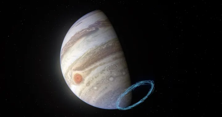 epa09081702 A handout photo made available by the European Southern Observatory (ESO) shows an artist's impression of winds in Jupiter's stratosphere near the planet's south pole, with the blue lines representing wind speeds (issued 18 March 2021). These lines are superimposed on a real image of Jupiter, taken by the JunoCam imager aboard NASA's Juno spacecraft. Jupiter's famous bands of clouds are located in the lower atmosphere, where winds have previously been measured. But tracking winds right above this atmospheric layer, in the stratosphere, is much harder since no clouds exist there. By analysing the aftermath of a comet collision from the 1990s and using the ALMA telescope, in which ESO is a partner, researchers have been able to reveal incredibly powerful stratospheric winds, with speeds of up to 1450 kilometres an hour, near Jupiter's poles. EPA/ESO/L. Calçada & NASA/JPL-Caltech/SwRI/MSSS HANDOUT HANDOUT EDITORIAL USE ONLY/NO SALES/Eso/l. Calçada & Nasa/jpl-caltech/swri/msss Handout