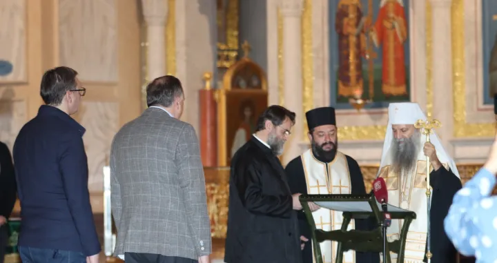 Milorad Dodik i Aleksandar Vučić, patrijarh Porfirije, blagoslov u hramu Svetog Save/RTRS/