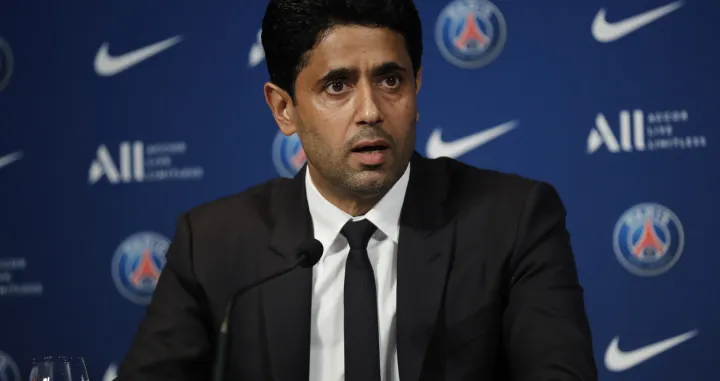 epa09969572 Paris Saint-Germain's president Nasser Al-Khelaifi attends a press conference at the Parc des Princes stadium in Paris, France, 23 May 2022. Kylian Mbappe renewed his contract with French Ligue 1 soccer club Paris Saint-Germain until 2025. EPA/Christophe Petit Tesson