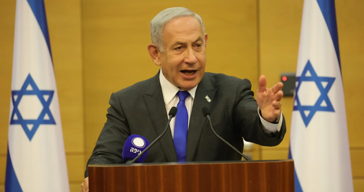 epa10396852 Israeli Prime Minister Benjamin Netanyahu addresses the participants of his Likud party faction meeting at the Knesset, the Israeli Parliament in Jerusalem, 09 January 2023. EPA/ABIR SULTAN/Abir Sultan