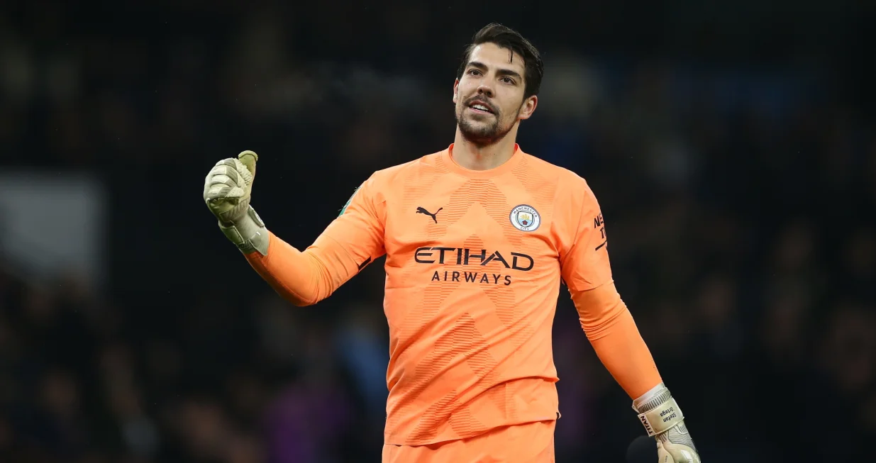 epa10376849 Goalkeeper Stefan Ortega of Manchester City reacts at the end of the Carabao Cup Round of 16 soccer match between Manchester City and Liverpool FC in Manchester, Britain, 22 December 2022. EPA/Adam Vaughan EDITORIAL USE ONLY. No use with unauthorized audio, video, data, fixture lists, club/league logos or 'live' services. Online in-match use limited to 120 images, no video emulation. No use in betting, games or single club/league/player publications