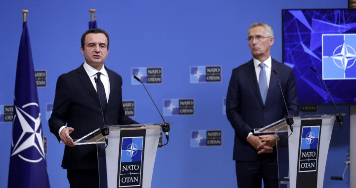epa10125914 Kosovo's Prime Minister Albin Kurti (L) speaks during a joint press conference with NATO Secretary General Jens Stoltenberg (R) following their meeting at the Alliance headquarters in Brussels, Belgium, 17 August 2022. EPA/OLIVIER HOSLET/Olivier Hoslet