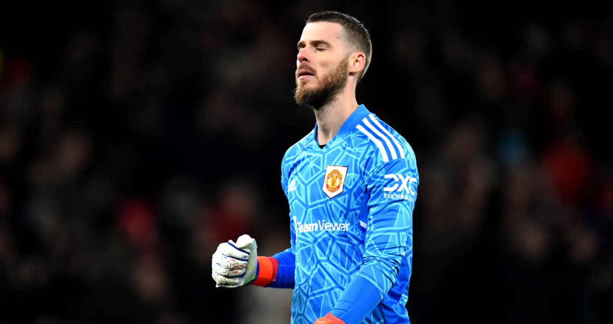 epa10379534 Manchester United goalkeeper David de Gea pumps fist after his team socred the 3-0 during the English Premier League soccer match between Manchester United and Nottingham Forest in Manchester, Britain, 27 December 2022. EPA/Peter Powell EDITORIAL USE ONLY. No use with unauthorized audio, video, data, fixture lists, club/league logos or 'live' services. Online in-match use limited to 120 images, no video emulation. No use in betting, games or single club/league/player publications