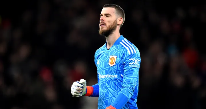 epa10379534 Manchester United goalkeeper David de Gea pumps fist after his team socred the 3-0 during the English Premier League soccer match between Manchester United and Nottingham Forest in Manchester, Britain, 27 December 2022. EPA/Peter Powell EDITORIAL USE ONLY. No use with unauthorized audio, video, data, fixture lists, club/league logos or 'live' services. Online in-match use limited to 120 images, no video emulation. No use in betting, games or single club/league/player publications