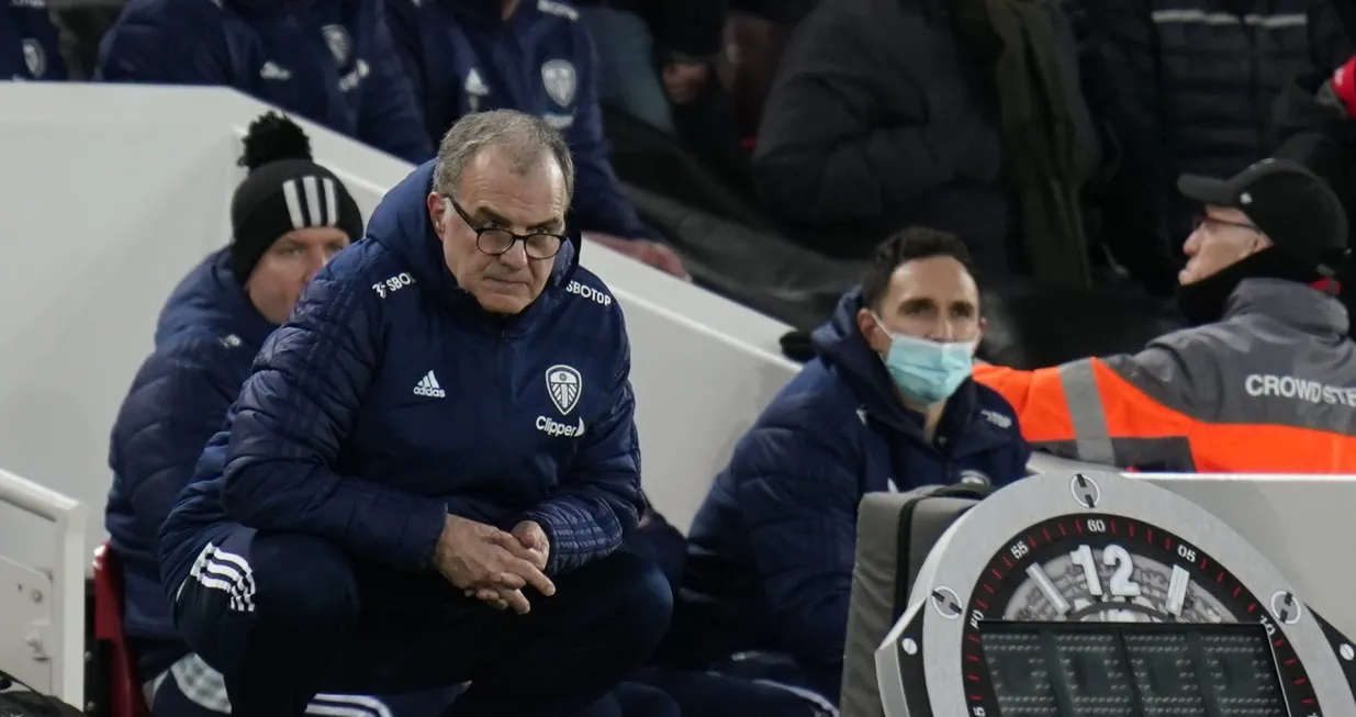 epa09779561 Leeds United manager Marcelo Bielsa reacts during the English Premier League soccer match between Liverpool FC and Leeds United in Liverpool, Britain, 23 February 2022. EPA/Tim Keeton EDITORIAL USE ONLY. No use with unauthorized audio, video, data, fixture lists, club/league logos or 'live' services. Online in-match use limited to 120 images, no video emulation. No use in betting, games or single club/league/player publications