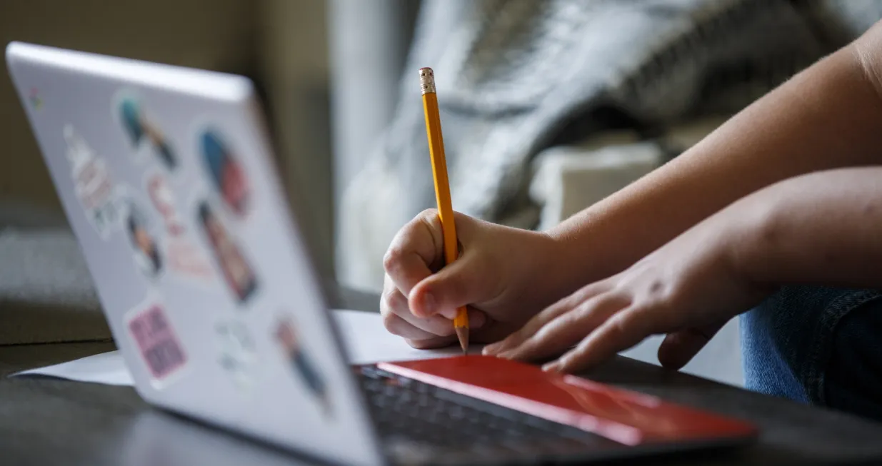 epa08363011 Ryder Maldonado, a fifth grader at Cloverly Elementary School, works on his distance learning lesson at home in Burtonsville, Maryland, USA, 14 April 2020. Schools across the region have handed out computers and WiFi hotspots for students to deal with new reality of distance learning during the COVID-19 coronavirus pandemic. EPA/SHAWN THEW ATTENTION: This Image is part of a PHOTO SET/Shawn Thew