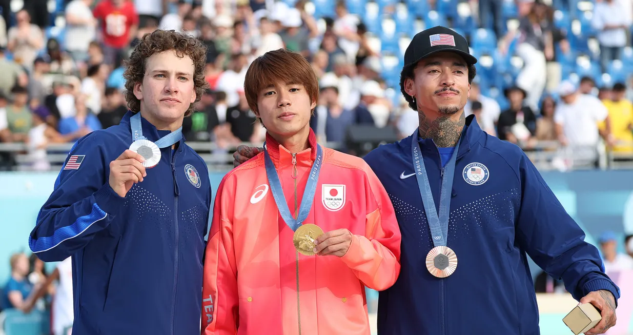 Japan's Yuto Horigome (C) and (L) Jagger Easton and (R) Nyjah Houston pose with their medals after the Men's Street Skateboard final at Place De La Concorde on the third day of the Paris Olympics on Monday, July 29, 2024. Japan's Horigome won the gold medal with USA's Eaton (L) and Huston (R)in silver and bronze medals Photo by Hugo Philpott/UPI Photo via Newscom Photo: Hugo Philpott/NEWSCOM