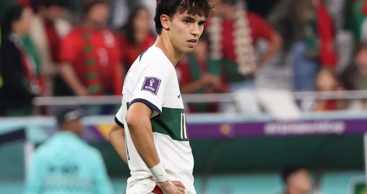 epa10359695 Joao Felix of Portugal reacts after the FIFA World Cup 2022 quarter final soccer match between Morocco and Portugal at Al Thumama Stadium in Doha, Qatar, 10 December 2022. EPA/Ali Haider