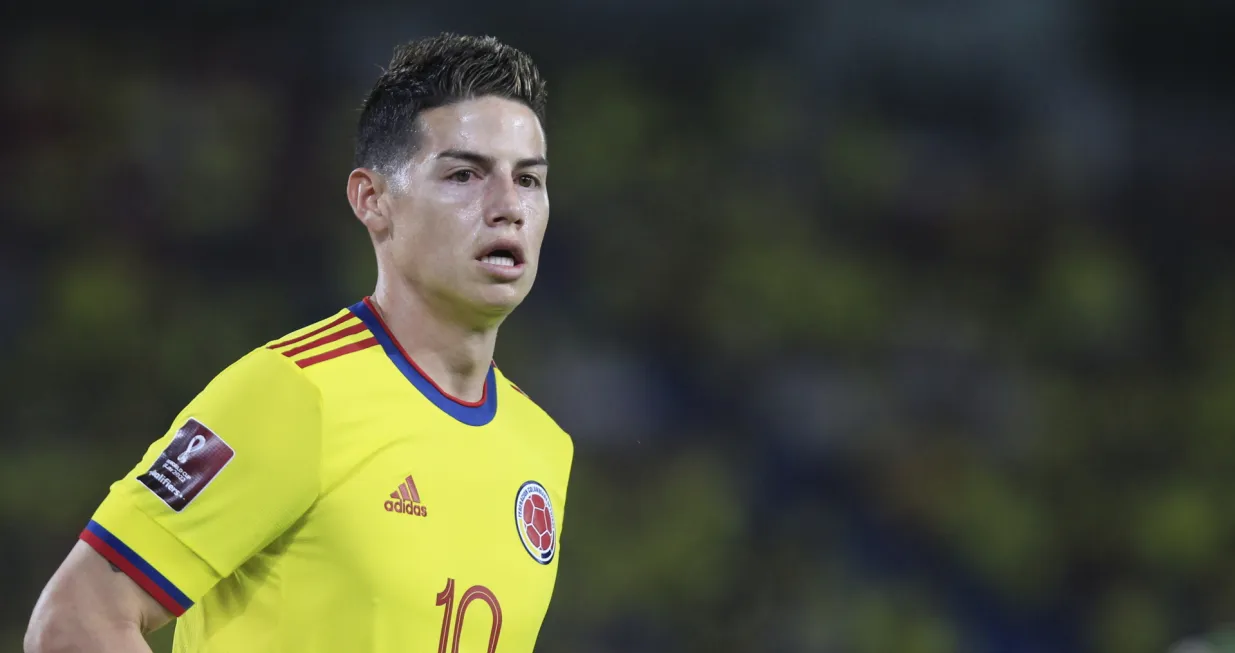 epa09847918 James Rodriguez of Colombia reacts during a South American qualifying match for the FIFA World Cup Qatar 2022 between Colombia and Bolivia, at the Metropolitano stadium in Barranquilla, Colombia, 24 March 2022. EPA/Ricardo Maldonado Rozo