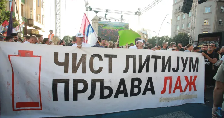 10, August, 2024, Belgrade -A protest against lithium mining and the Rio Tinto company began in Terazije. 10, avgust, 2024, Beograd - Na Terazijama je poceo protest protiv rudarenja litijuma i kompanije Rio Tinto.  Photo: Milos Tesic/ATAImages/PIXSELL/Milos Tesic/ataimages/pixsell