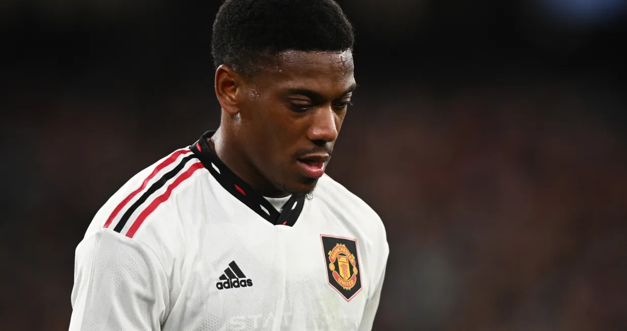 epa10079592 Anthony Martial of Manchester United reacts during the friendly soccer match between Manchester United and Crystal Palace at the Melbourne Cricket Ground in Melbourne, Australia, 19 July 2022. EPA/JOEL CARRETT AUSTRALIA AND NEW ZEALAND OUT