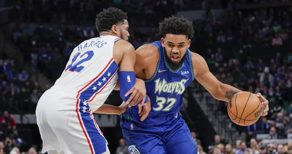 epa09785664 Minnesota Timberwolves center Karl-Anthony Towns (R) collides with Philadelphia 76ers forward Tobias Harris (L) during the first half of the NBA basketball game between the Philadelphia 76ers and the Minnesota Timberwolves at Target Center in Minneapolis, Minnesota, USA, 25 February 2022. EPA/CRAIG LASSIG SHUTTERSTOCK OUT