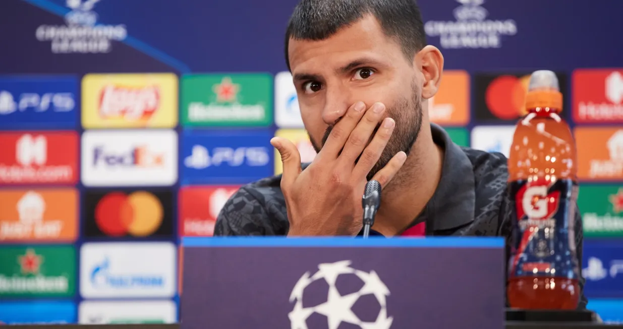 epa09532085 FC Barcelona's Sergio Aguero reacts during a press conference at Joan Gamper Sports City in Barcelona, Spain, 19 October 2021. FC Barcelona will face Dynamo Kiev in their UEFA Champions League group E soccer match on 20 October 2021. EPA/Alejandro Garcia