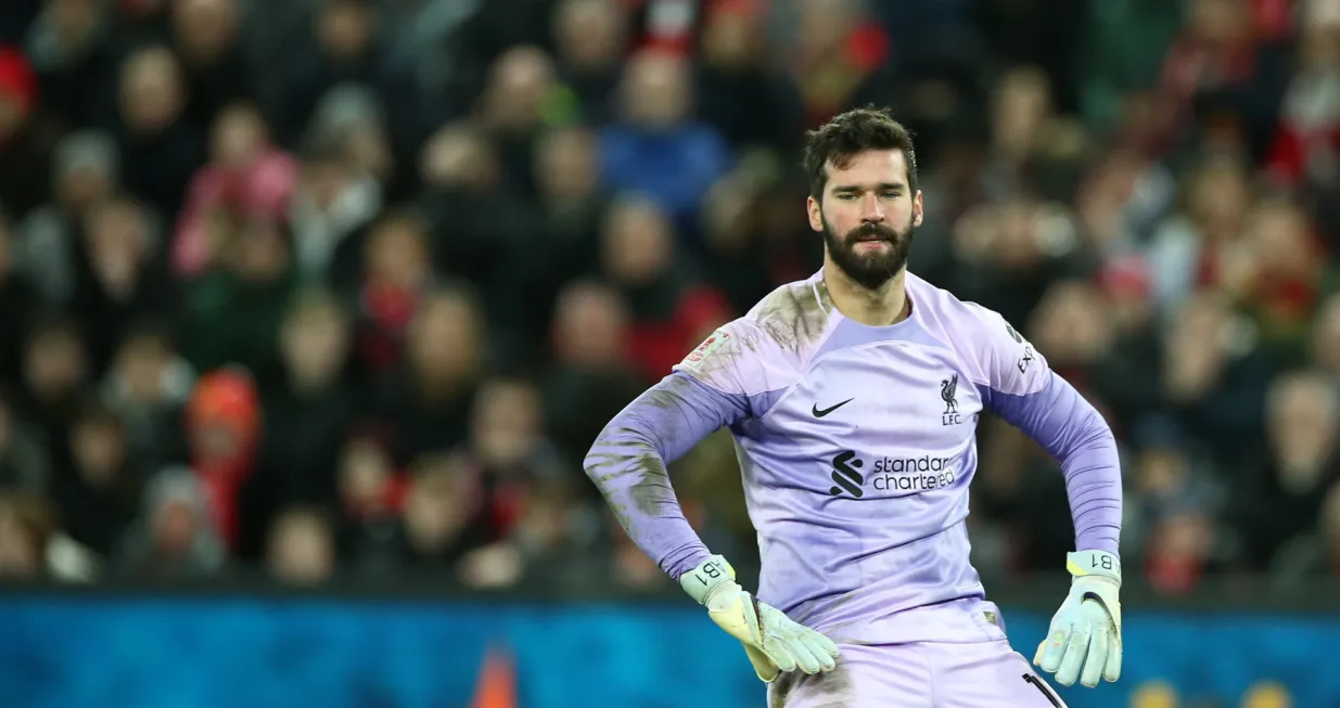epa10394733 Alisson Becker of Liverpool reacts after conceding the 0-1 goal during the 3rd round FA Cup soccer match between Liverpool and Wolverhampton Wanderers at Anfield in Liverpool, Britain, 07 January 2023. EPA/ADAM VAUGHAN