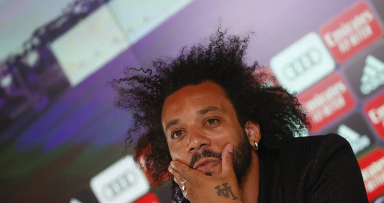 epa10010745 Brazilian soccer player Marcelo Vieira reacts during his farewell ceremony at Valdebebas Sports City near Madrid, central Spain, 13 June 2022. Marcelo leaves Real Madrid after spending over fifteen years with the Spanish club. EPA/JAVIER LIZON