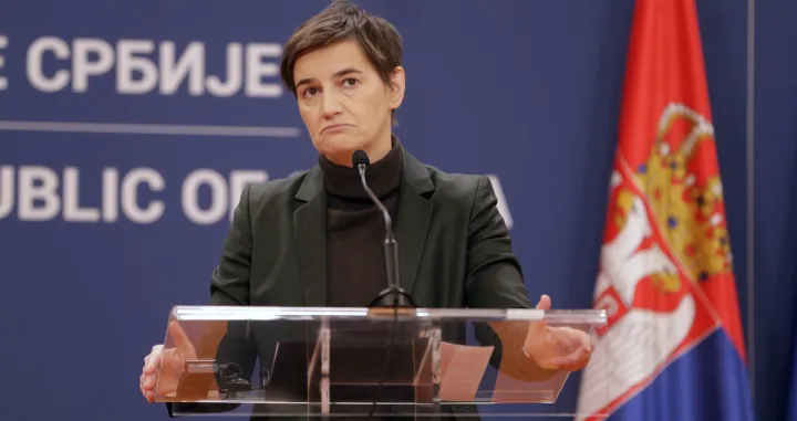 epa09738806 Serbian Prime Minister Ana Brnabic talks during the press conference with Bulgaria's Prime Minister in Belgrade, Serbia, 08 February 2022. Prime Minister Petkov is on an official state visit to Serbia. EPA/ANDREJ CUKIC/Andrej Cukic