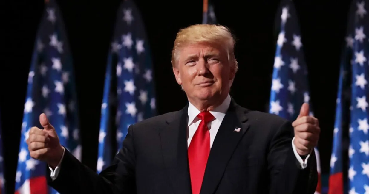 CLEVELAND, OH - JULY 21: Republican presidential candidate Donald Trump gives two thumbs up to the crowd during the evening session on the fourth day of the Republican National Convention on July 21, 2016 at the Quicken Loans Arena in Cleveland, Ohio. Republican presidential candidate Donald Trump received the number of votes needed to secure the party's nomination. An estimated 50,000 people are expected in Cleveland, including hundreds of protesters and members of the media. The four-day Republican National Convention kicked off on July 18. (Photo by Chip Somodevilla/Getty Images)/Chip Somodevilla