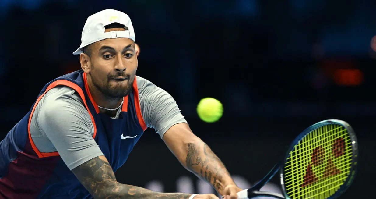 epa10305314 Nick Kyrgios of Greece in action during the Doubles Green Group round robin of the ATP Finals 2022 at the Pala Alpitour, in Turin, Italy, 14 November 2022. EPA/Alessandro Di Marco