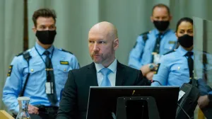 epa09721773 (FILE) Anders Behring Breivik, convicted of terrorism, sits in the makeshift courtroom in Skien prison on the second day of his parole hearing, in Skien, Norway, 19 January 2022 (reissued 01 February 2022). The Telemark District Court on 01 February rejected Breivik's parole request. Mass murderer Anders Behring Breivik, who changed his name to Fjotolf Hansen in 2017, was sentenced to a maximum term of 21 years for killing 77 people in bomb and shooting attacks on 22 July 2011, and is entitled under Norwegian law to have his sentenced reviewed after ten years served. EPA/OLE BERG-RUSTEN/POOL NORWAY OUT/Ole Berg-rusten/Pool
