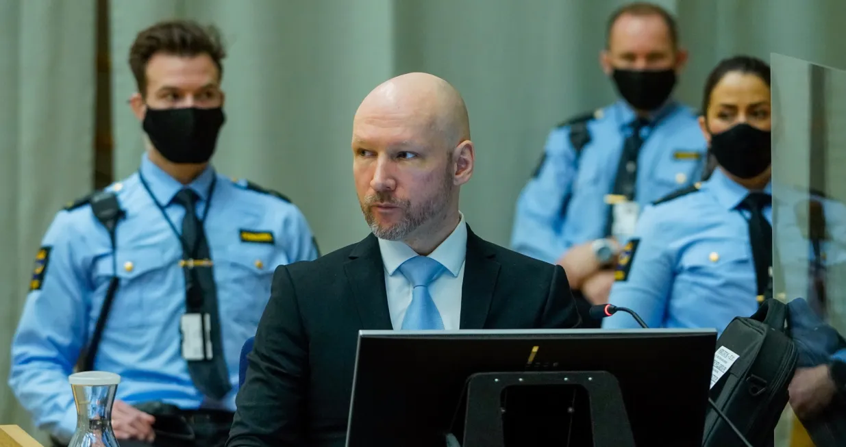 epa09721773 (FILE) Anders Behring Breivik, convicted of terrorism, sits in the makeshift courtroom in Skien prison on the second day of his parole hearing, in Skien, Norway, 19 January 2022 (reissued 01 February 2022). The Telemark District Court on 01 February rejected Breivik's parole request. Mass murderer Anders Behring Breivik, who changed his name to Fjotolf Hansen in 2017, was sentenced to a maximum term of 21 years for killing 77 people in bomb and shooting attacks on 22 July 2011, and is entitled under Norwegian law to have his sentenced reviewed after ten years served. EPA/OLE BERG-RUSTEN/POOL NORWAY OUT/Ole Berg-rusten/Pool